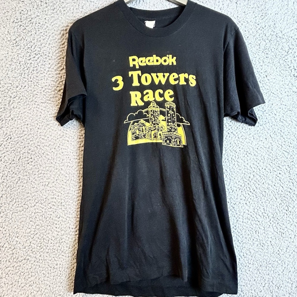 VTG 80s Reebok Three Towers Race T Shirt Size Large Screw Stars Single Stitch